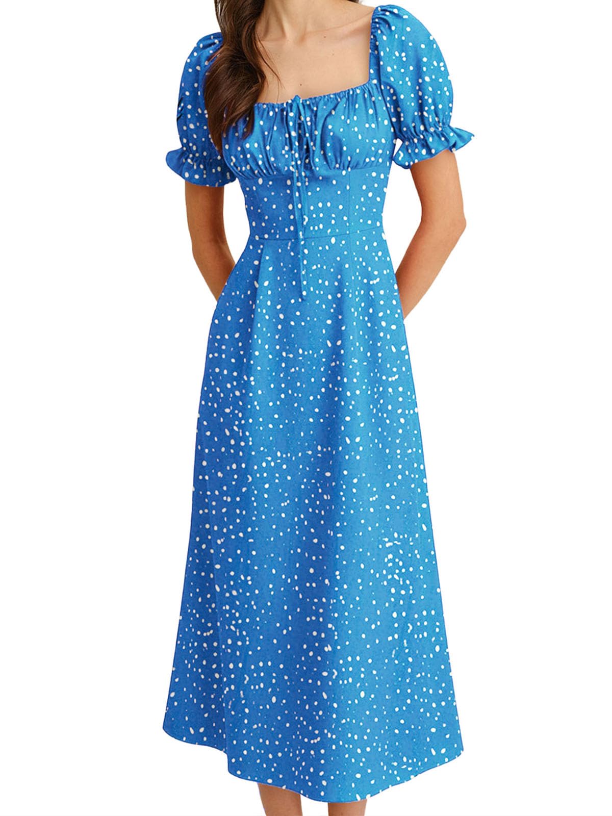 Women Summer Dresses Vintage Square Neck Adjustable Bust Floral Dress Short Puff A-Line Midi Dresses Sleeve