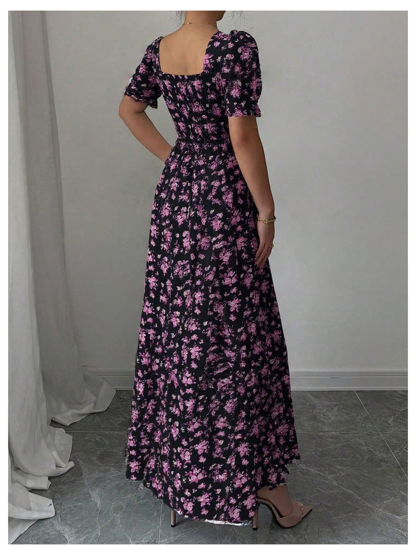Floerns Women's Floral Short Puff Sleeve Milkmaid Dress Boho A Line Long Dresses