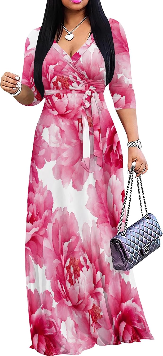 SUZONANA Plus Size Dresses for Women Floral Print Maxi Dress Flowy 3/4 Sleeve with Belt
