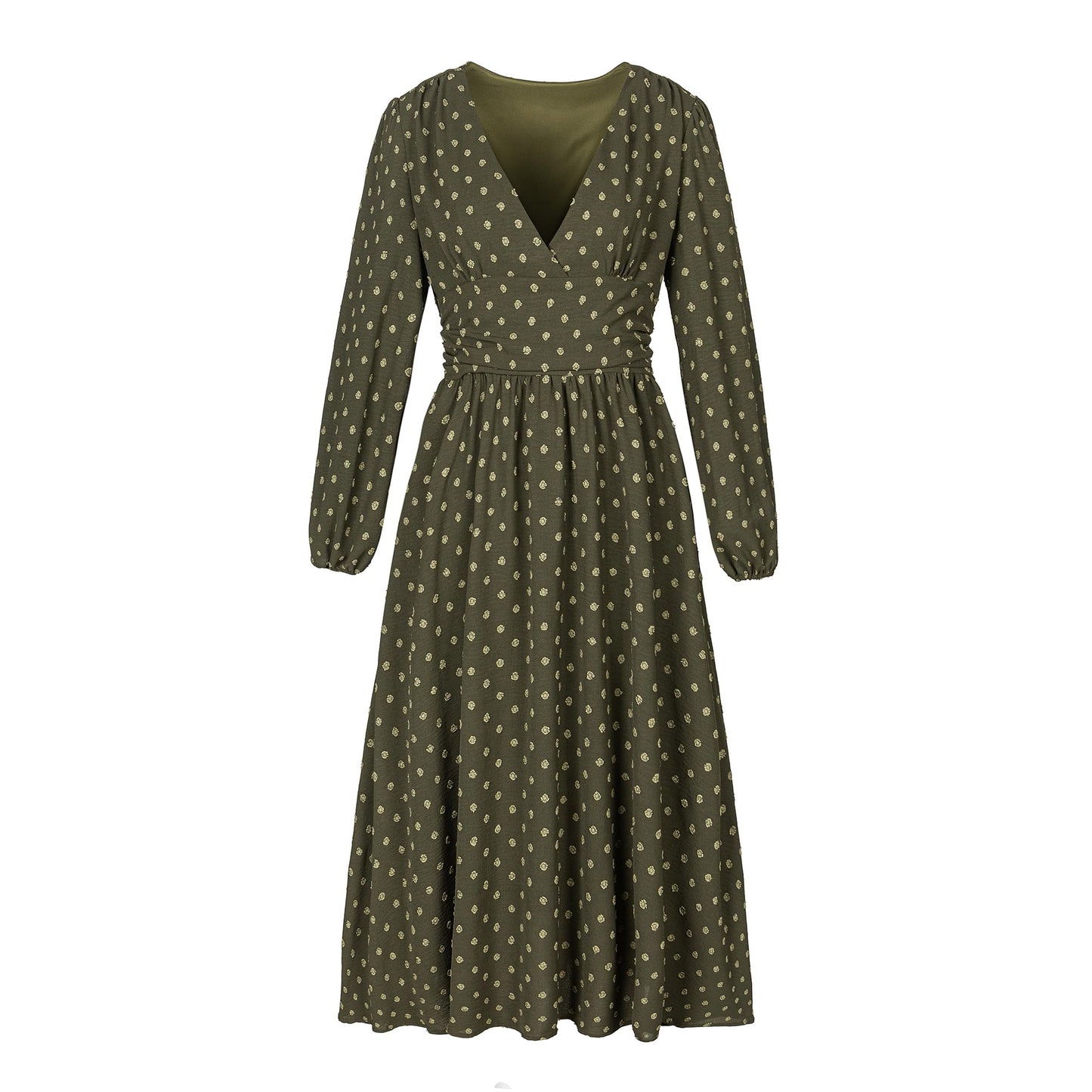 Women's Swiss Dot Long Sleeve V Neck Midi Dress, Faux Wrap A-Line Wedding Guest Dress, Fully Lined Smocked Back