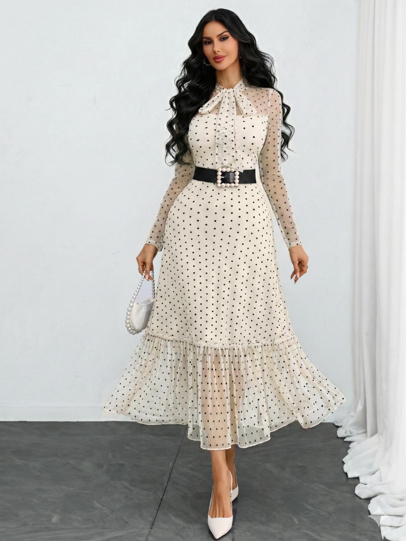 GothDark Polka Dot Dress for Women Mesh Tie Neck Bow Sheer Sleeve Flowy Ruffle Hem Going Out Wedding Guest Casual Dress