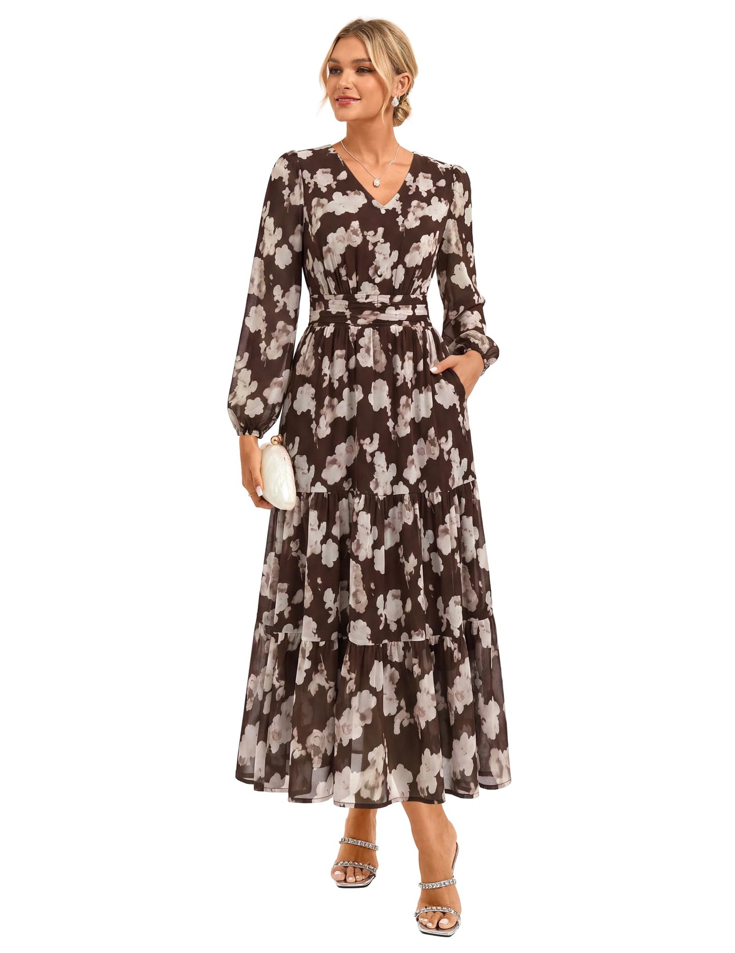 GRACE KARIN Women Floral Maxi Dress Fall Long Sleeve Wedding Guest Dresses