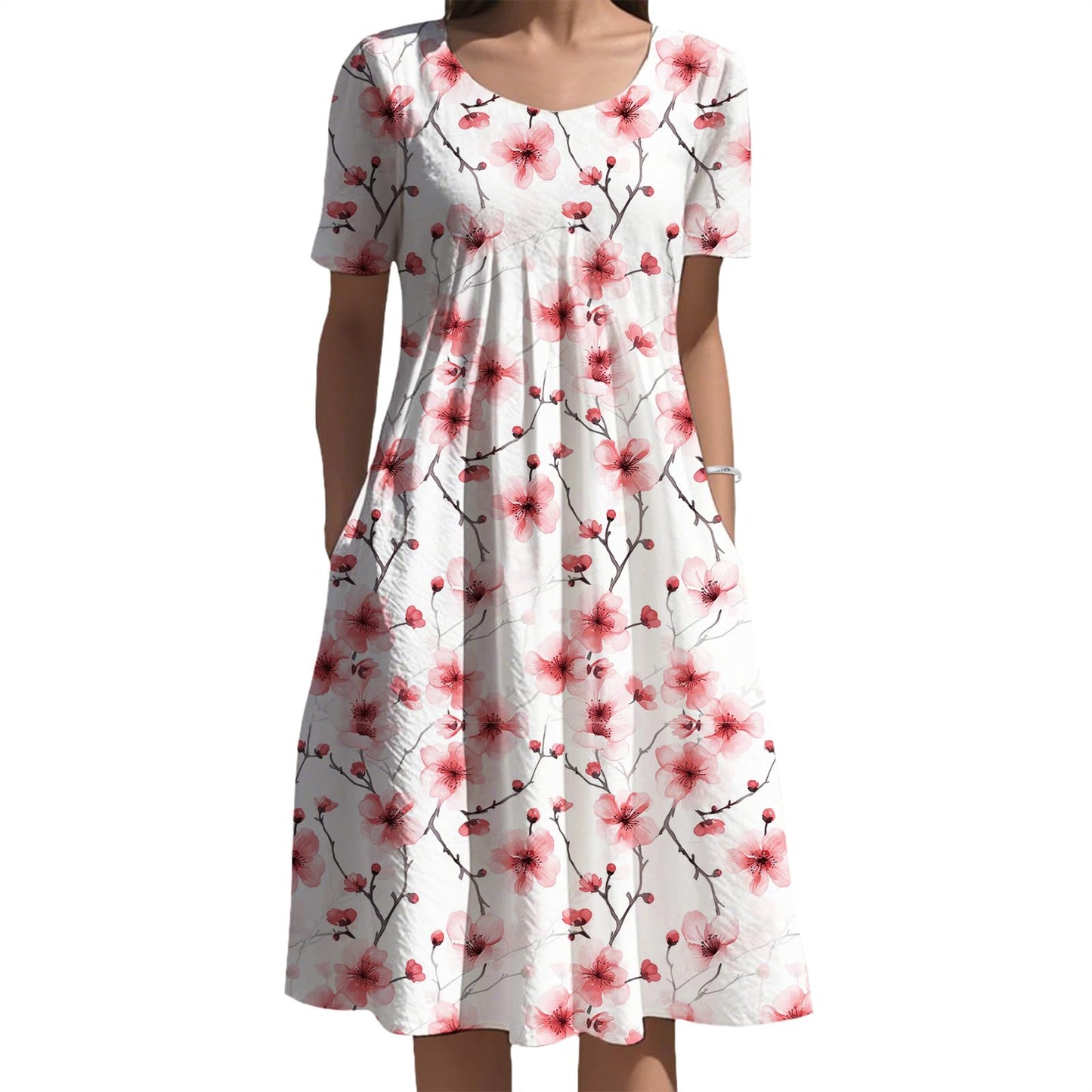 Oriental Ink Floral Midi Dress Gradient Tone for Women Elegant Daily Vacation Outfit with Side Pockets and Style