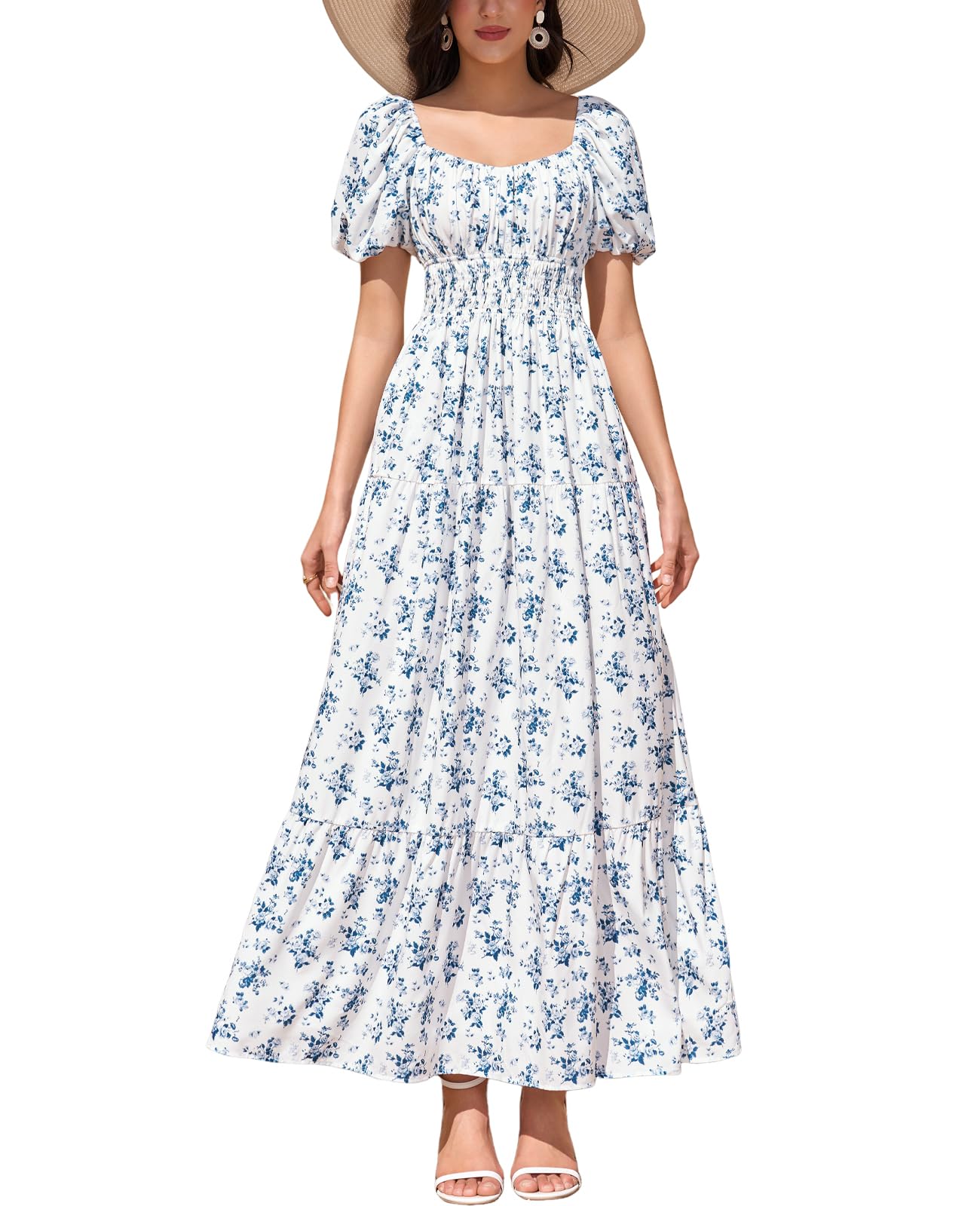 Women Puff Sleeve Wedding Guest Maxi Dress Floral Flowy A Line Tiered Beach Long Dresses