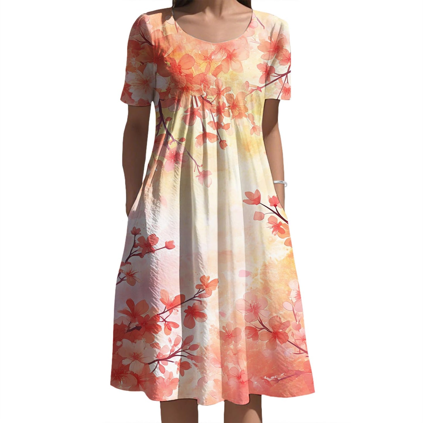 Oriental Ink Floral Midi Dress Gradient Tone for Women Elegant Daily Vacation Outfit with Side Pockets and Style