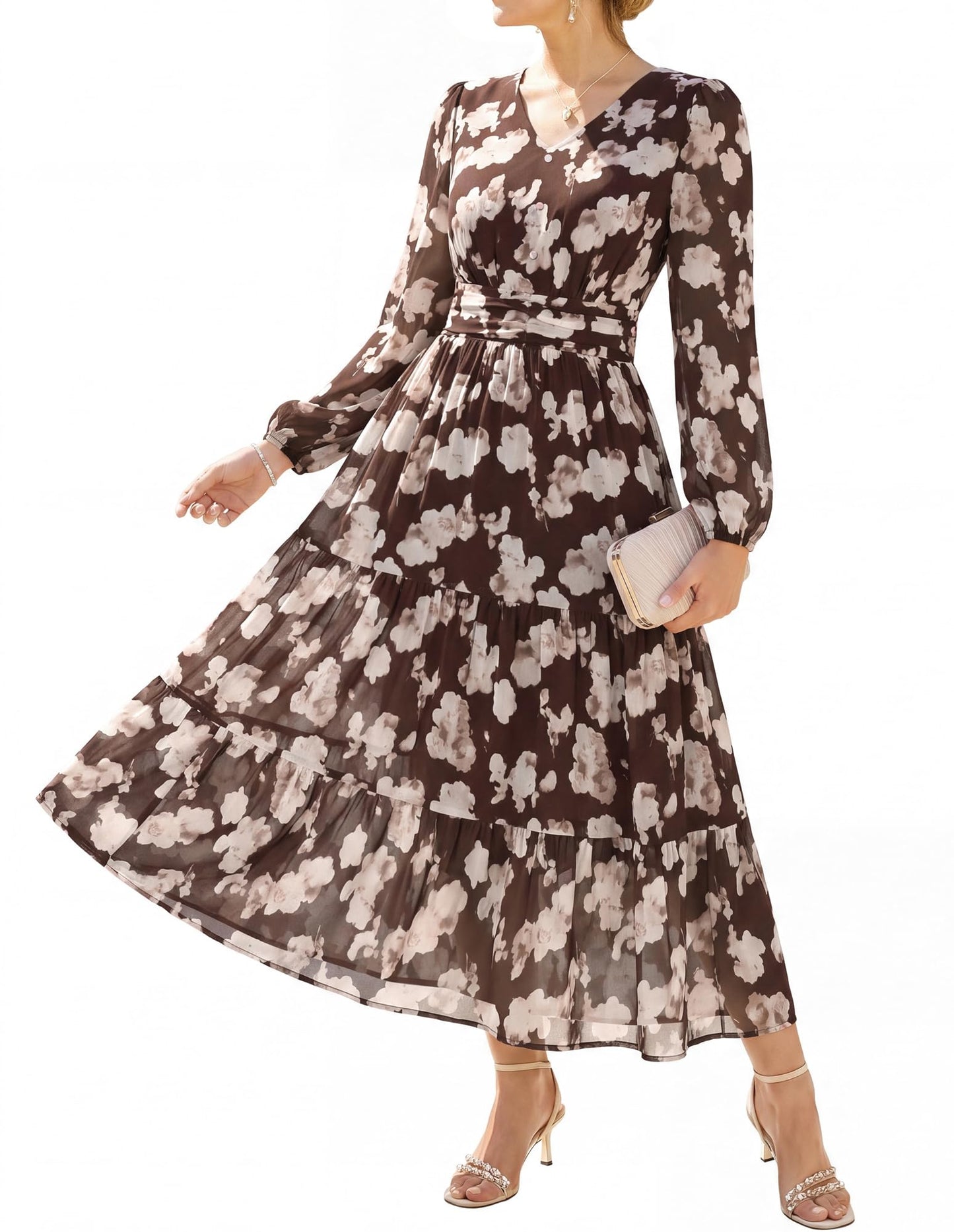 GRACE KARIN Women Floral Maxi Dress Fall Long Sleeve Wedding Guest Dresses