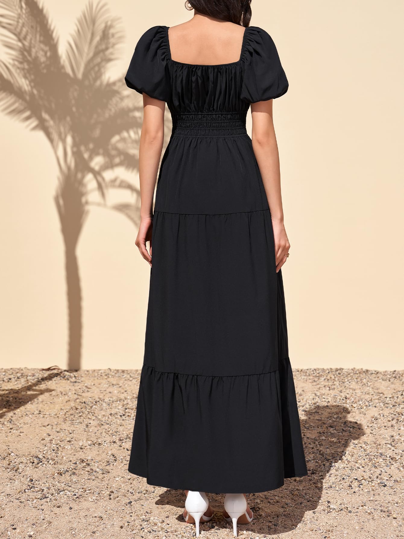 Women Puff Sleeve Wedding Guest Maxi Dress Floral Flowy A Line Tiered Beach Long Dresses