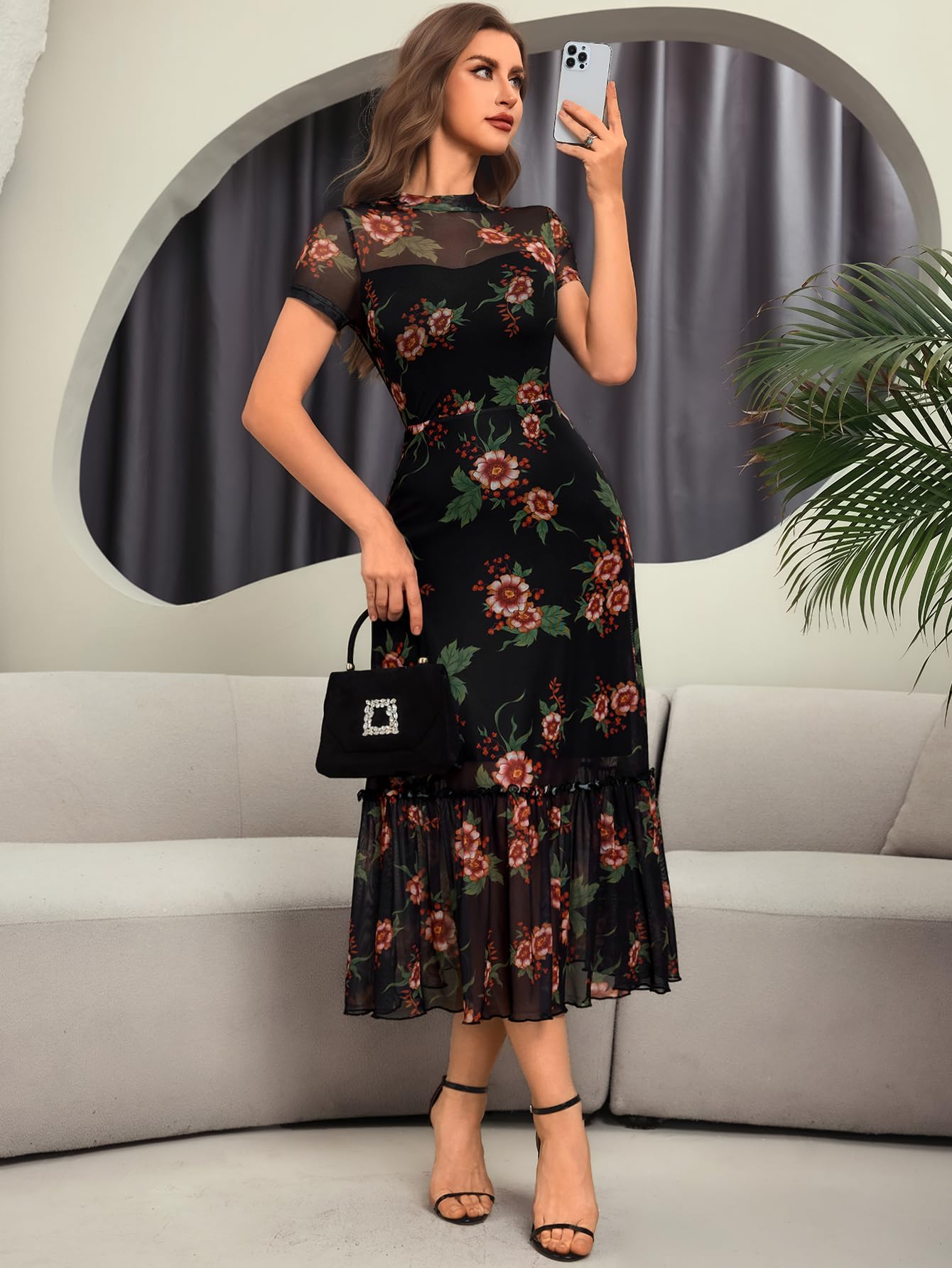 GothDark Women's Summer Floral Mesh Ruffle Dress Short Sleeve Round Neck Waist Cinched Casual Maxi Wedding Guest Dresses