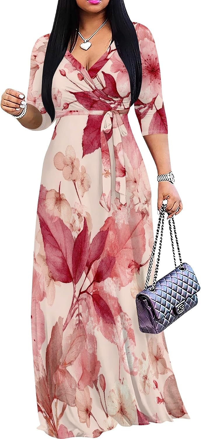 SUZONANA Plus Size Dresses for Women Floral Print Maxi Dress Flowy 3/4 Sleeve with Belt