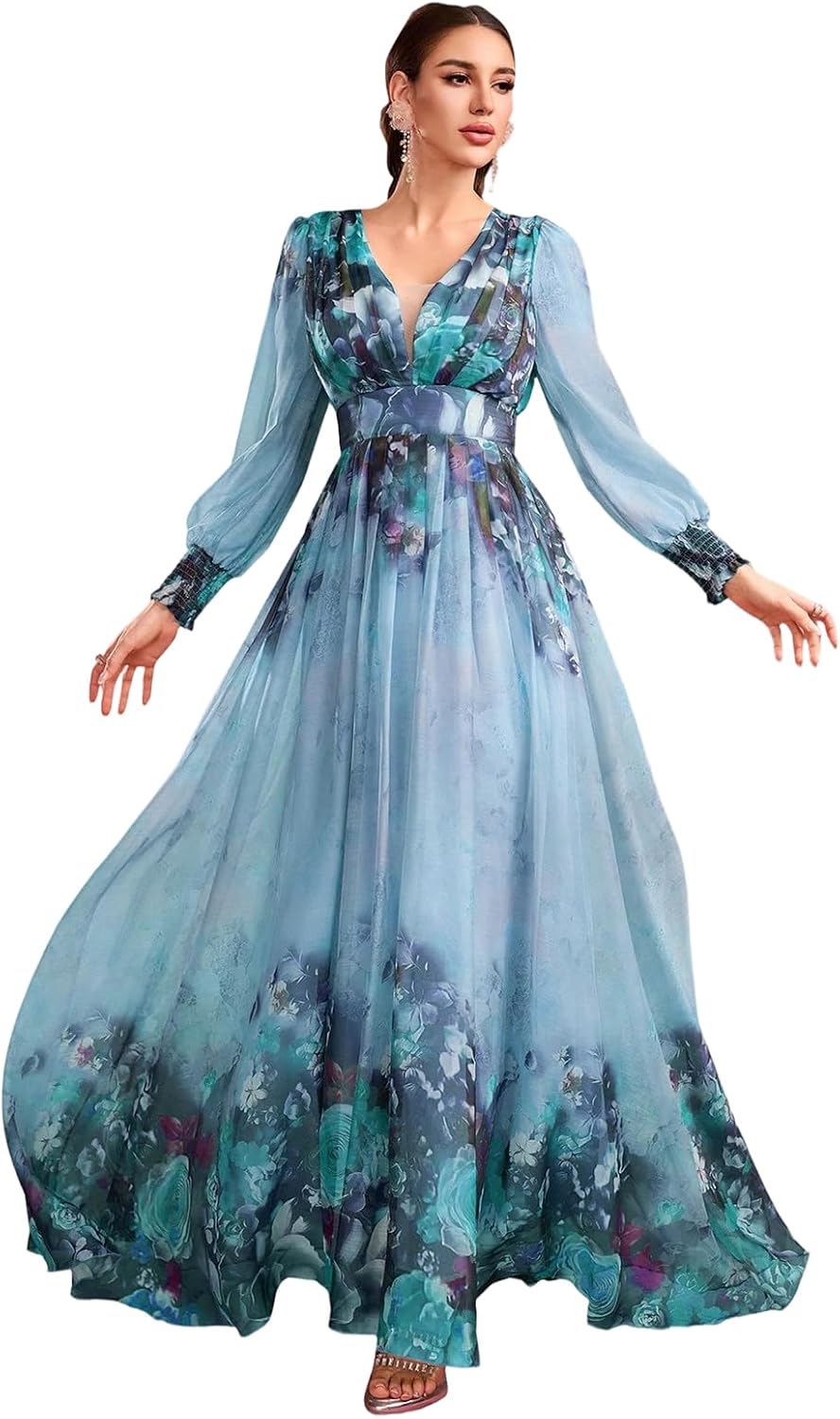 TOLEEN Summer Casual Dresses for Women 2024 Spring Fashion Boho V Neck Long Sleeve Ruffle Floral Print Elegant Maxi Dress