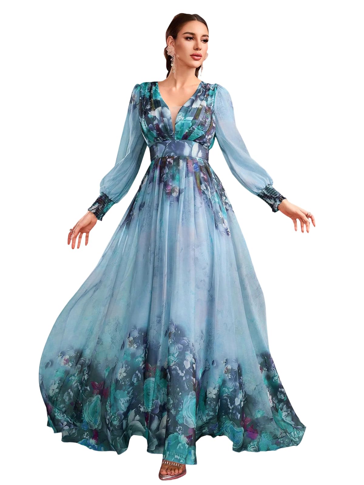 TOLEEN Summer Casual Dresses for Women 2024 Spring Fashion Boho V Neck Long Sleeve Ruffle Floral Print Elegant Maxi Dress