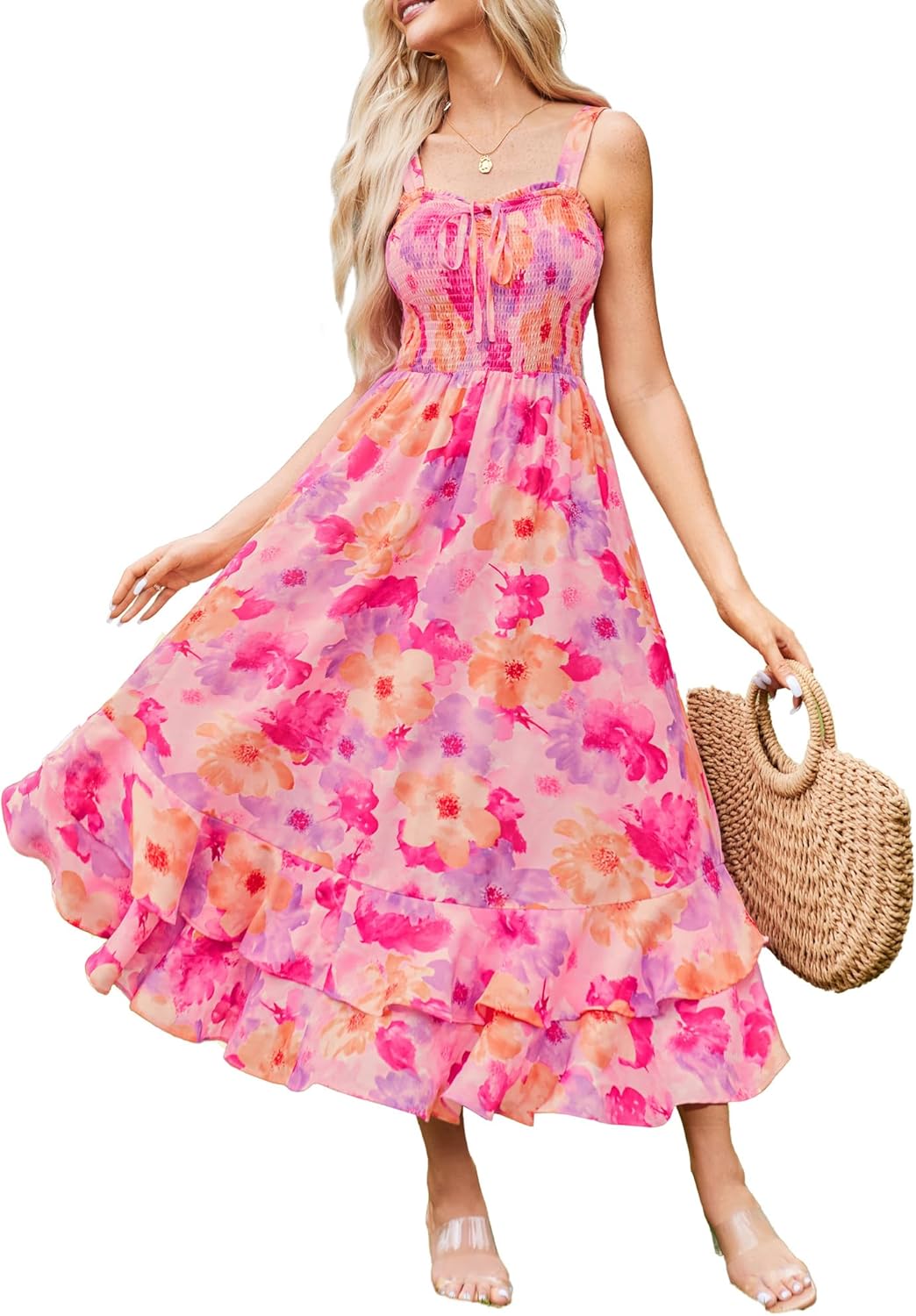 GRACE KARIN Women's 2026 Summer Floral Boho Dress Square Neck Strapped Swing A Line Sundress Beach Long Maxi Outfits
