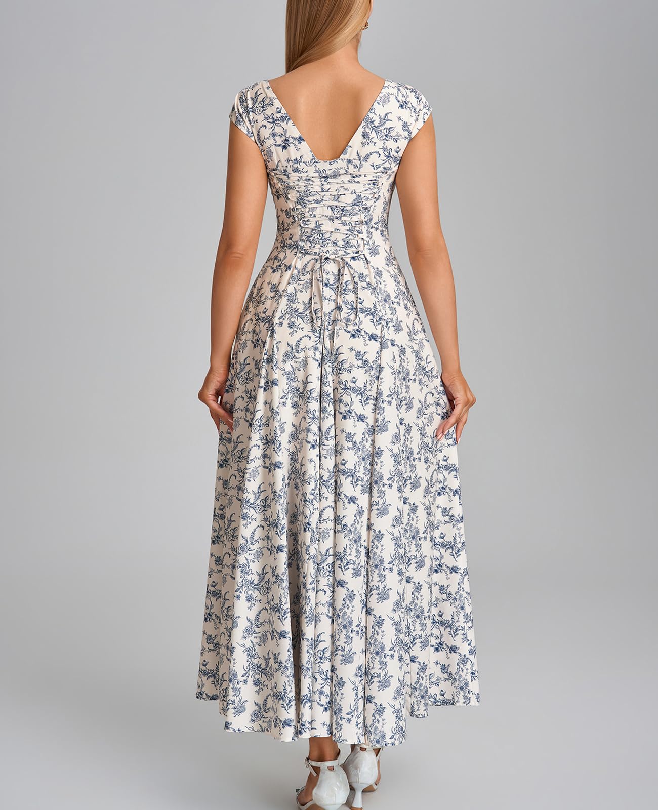 GLNEGE Women’s Corset Wedding Guest Maxi Dress Cap Sleeve Square Neck Lace Up A Line Flowy Formal Midi Dress with Pockets