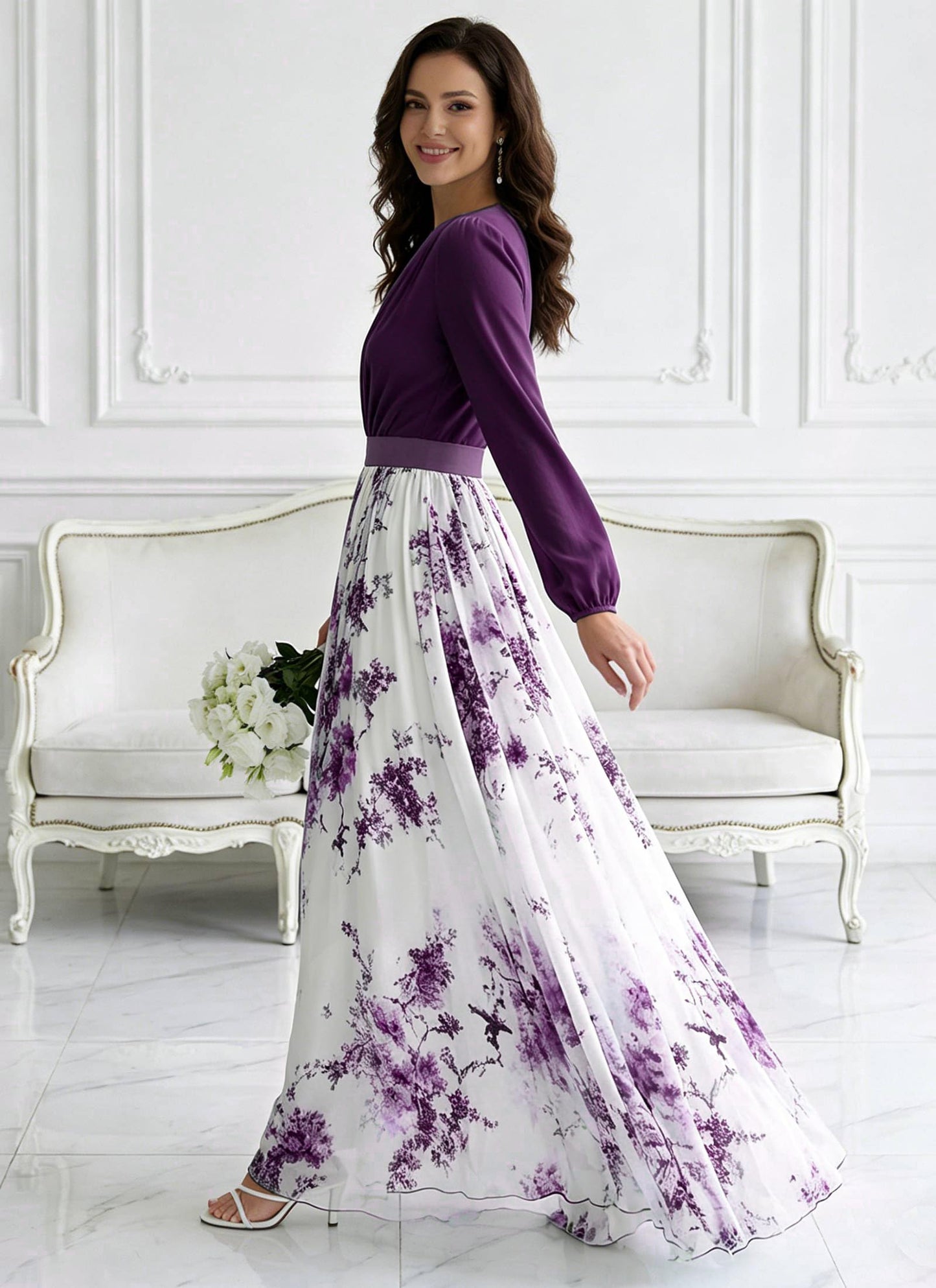 Women's Boho Floral Chiffon Maxi Dresses 2026 Summer Casual Long Sheer Sleeve Deep V Neck A-Line Beach Vacation Dress