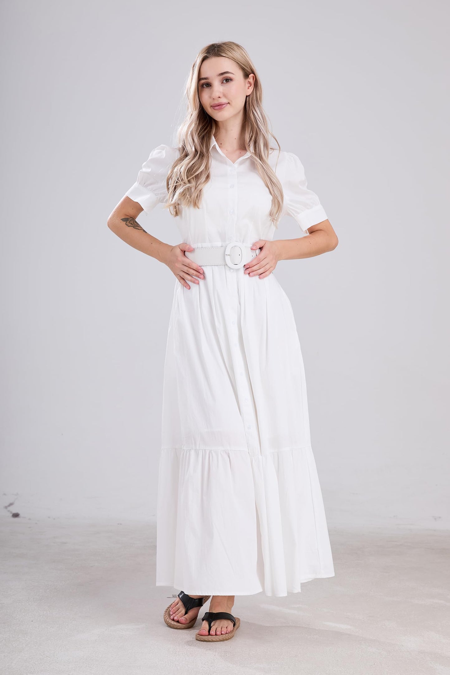 utcoco Womens Striped Button Down Shirt Dress Casual Puff Short Sleeve Ruffle Hem Maxi Dresses with Belt