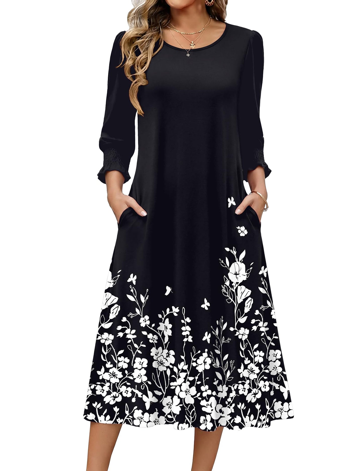 Zeagoo Summer Dresses for Women 2026 3/4 Sleeve Dress for Women Floral Midi Dresses for Casual Womens Dresses with Pockets