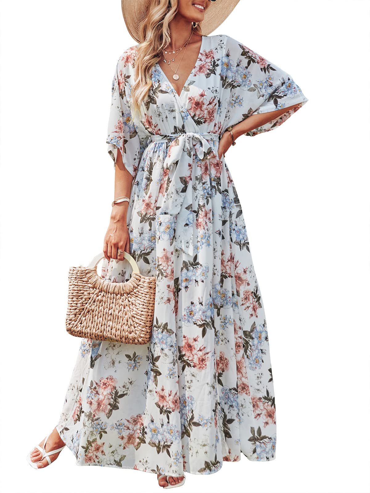 ANRABESS Womens 1/2 Sleeve Beach Wedding Guest Maxi Dresses 2026 Summer Wrap V Neck Boho Floral Flowy Slit Long Dresses