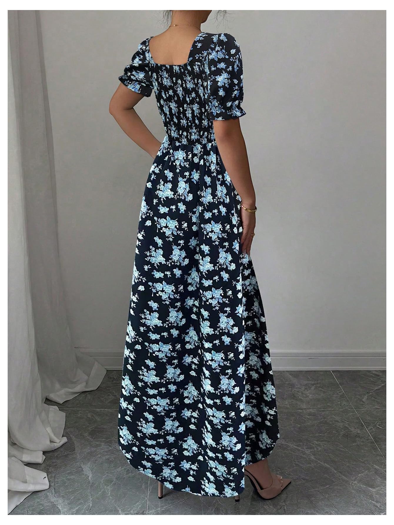Floerns Women's Floral Short Puff Sleeve Milkmaid Dress Boho A Line Long Dresses