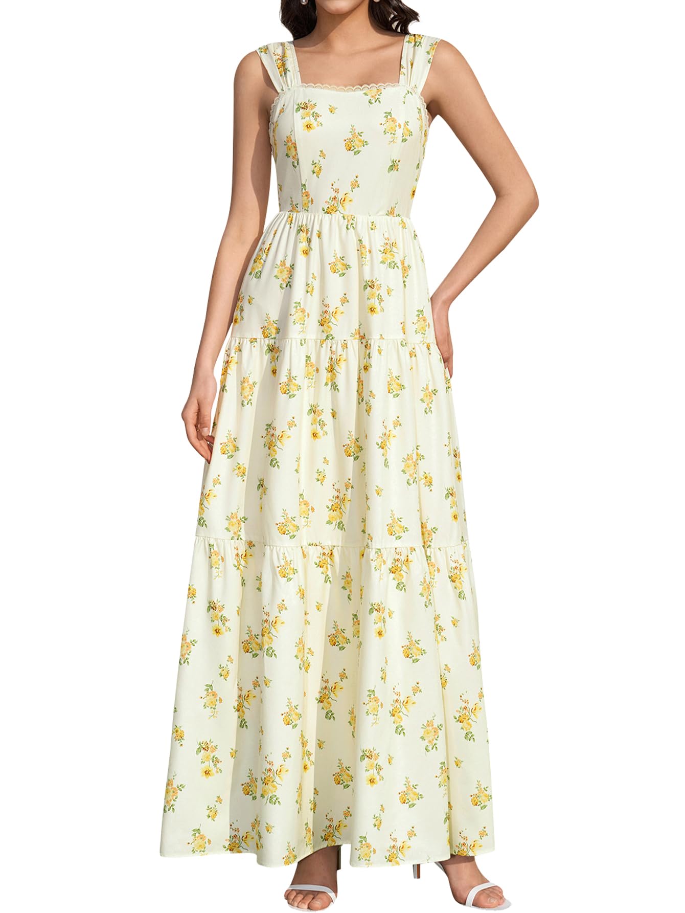KUTUMAI Floral Maxi Long Dress Lace Up Square Neck Flowy Summer Wedding Guest Dresses for Women 2026