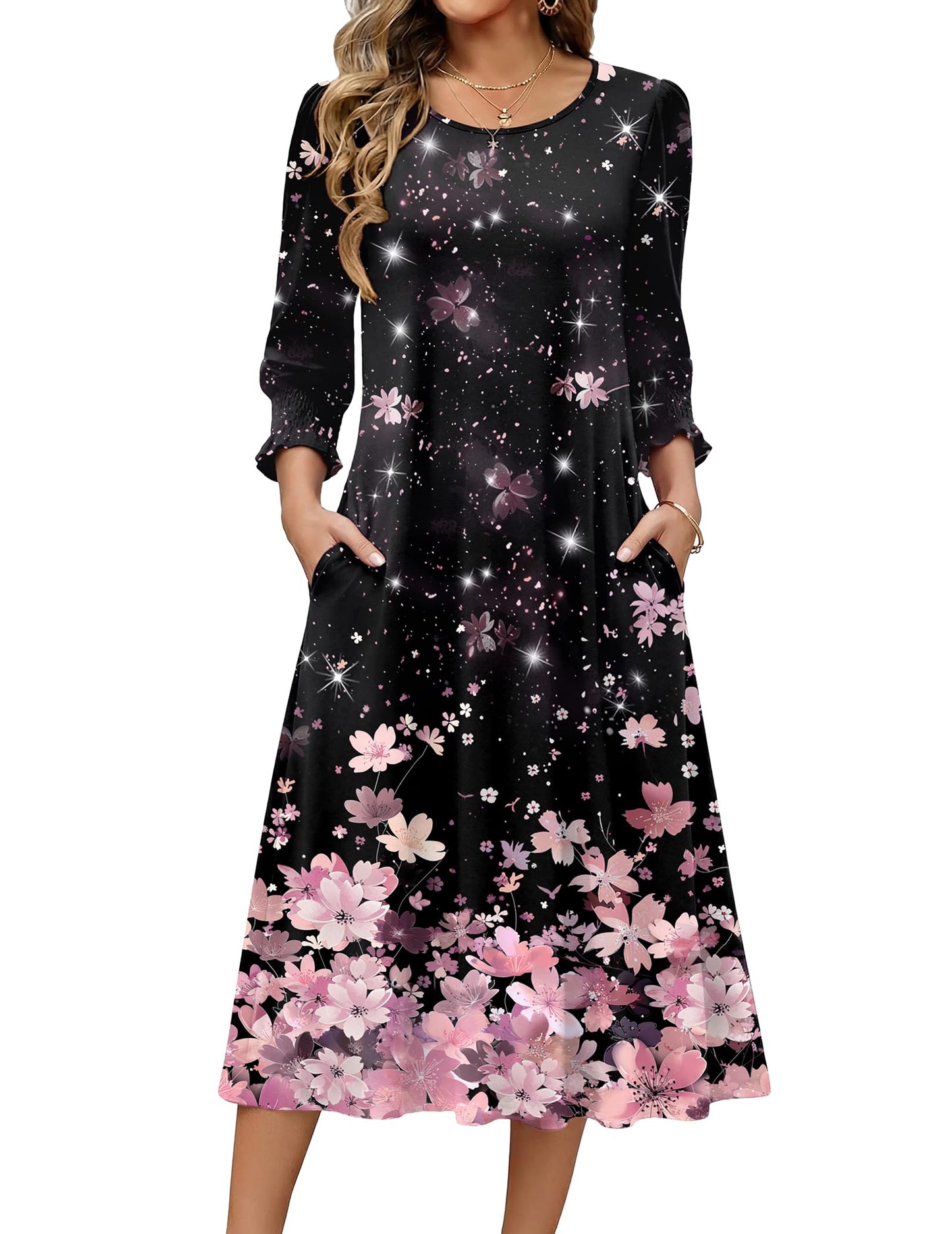 Zeagoo Summer Dresses for Women 2026 3/4 Sleeve Dress for Women Floral Midi Dresses for Casual Womens Dresses with Pockets