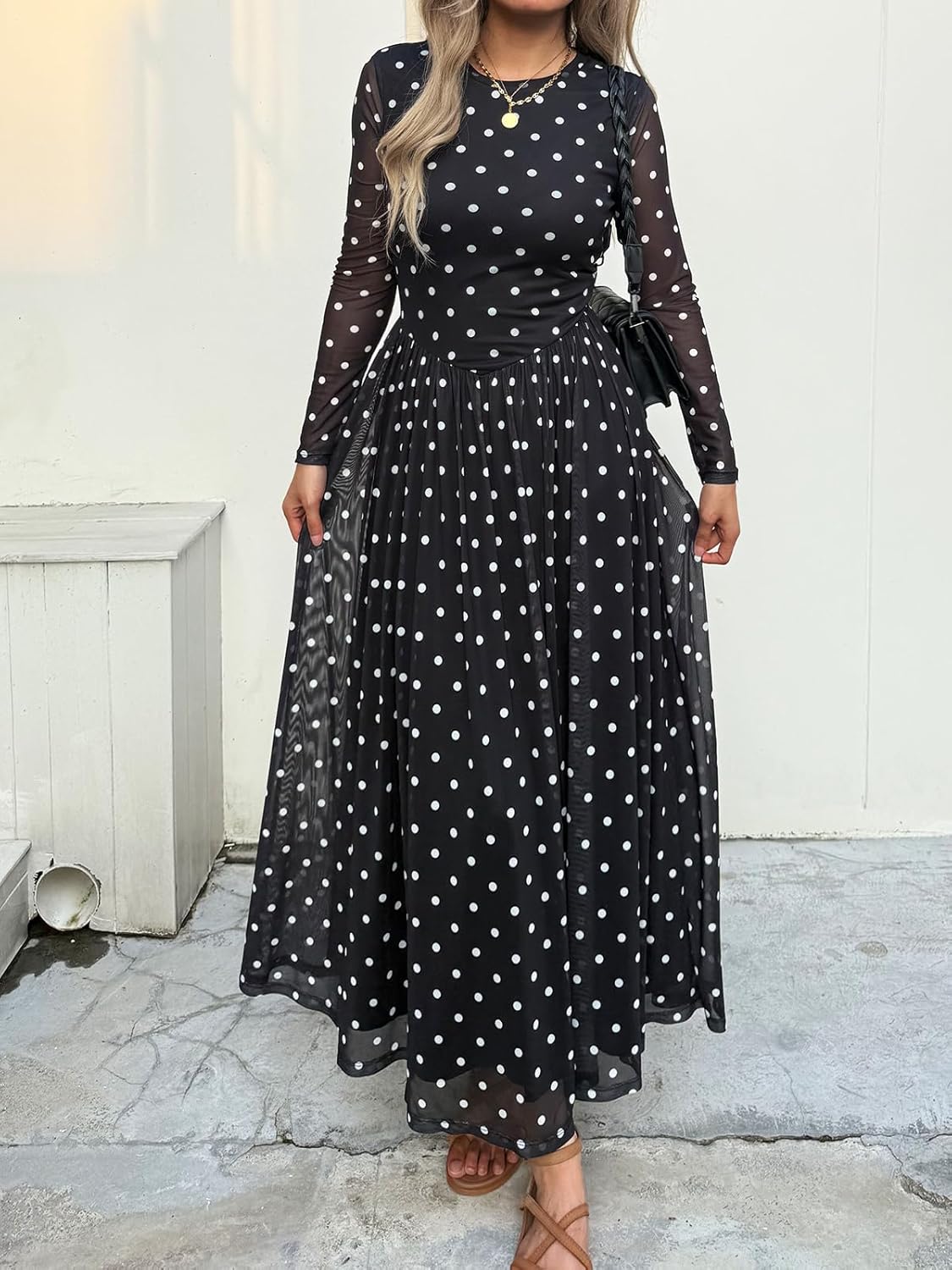 Women's Maxi Dress 2026 Spring Long Sleeve Crewneck Mesh Floral Dress Drop Waist Party Wedding Guest Dresses