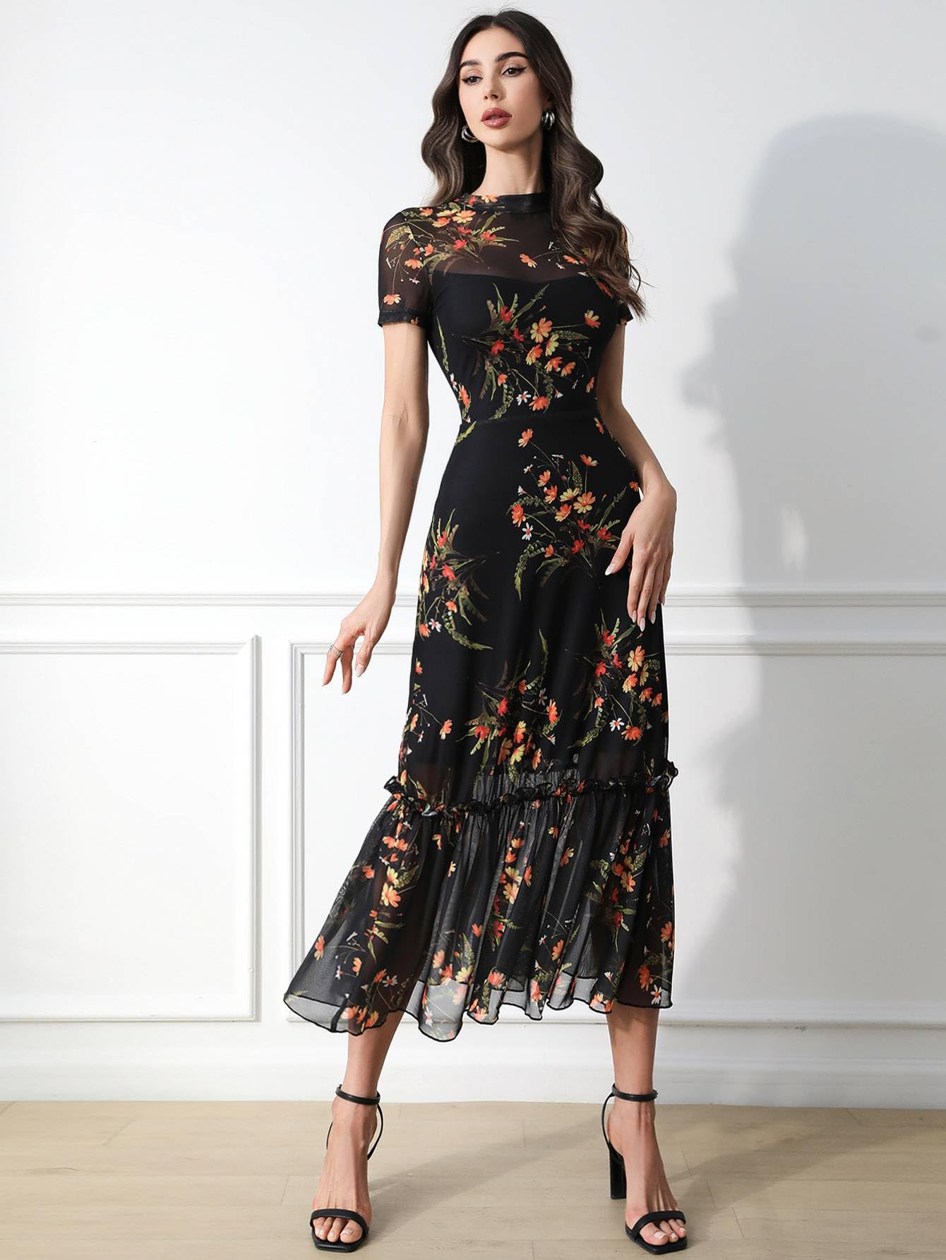 GothDark Women's Summer Floral Mesh Ruffle Dress Short Sleeve Round Neck Waist Cinched Casual Maxi Wedding Guest Dresses