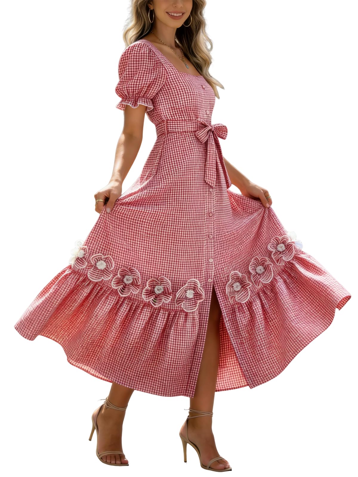 utcoco Dresses for Women Puff Short Sleeve Button Down 3D Flower Ruffle Plaid Maxi Shirt Dress