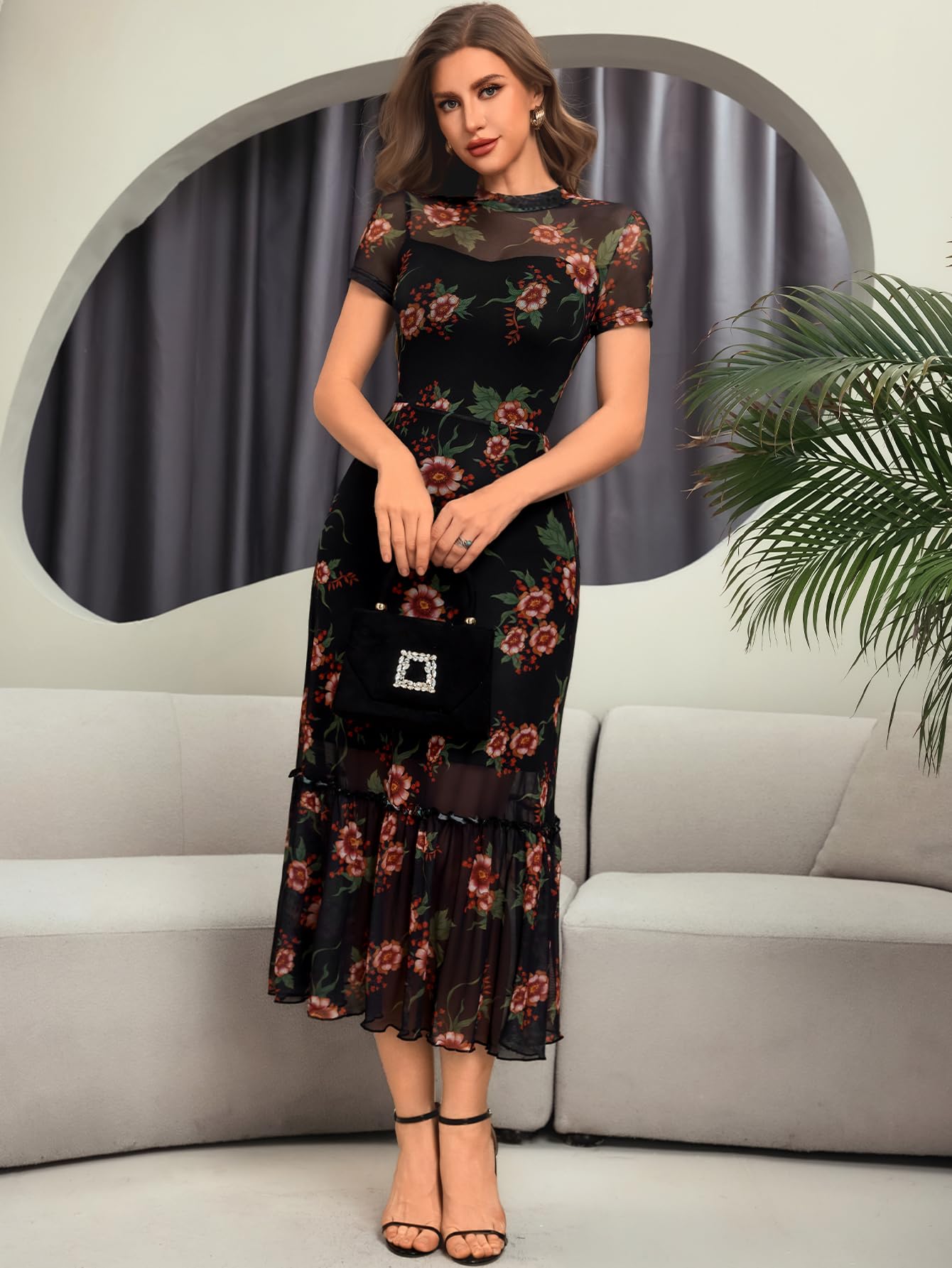 GothDark Women's Summer Floral Mesh Ruffle Dress Short Sleeve Round Neck Waist Cinched Casual Maxi Wedding Guest Dresses