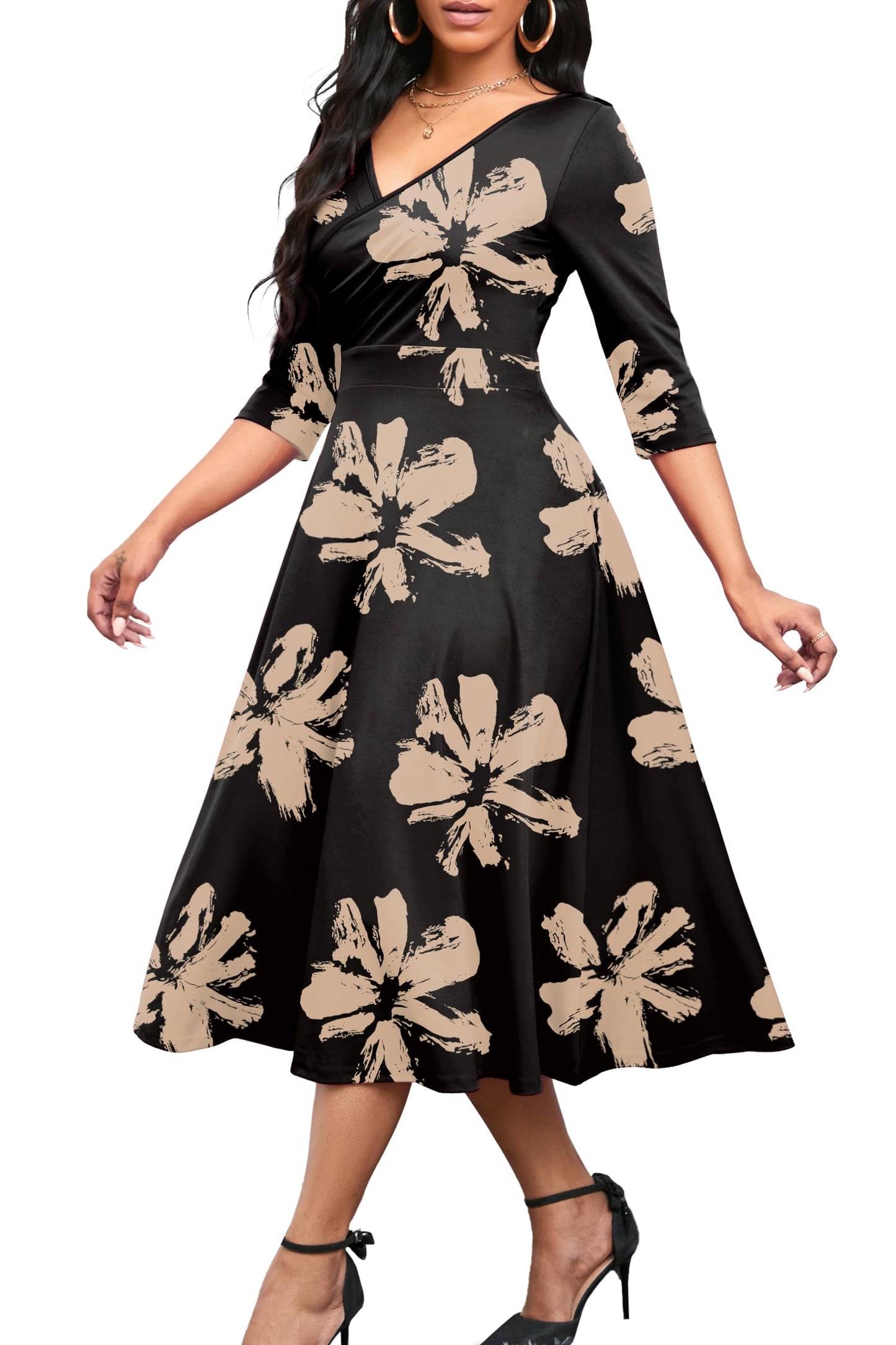 Nmoder Women's Casual Wrap Flared Midi Dress Wedding Guest Cocktail Tea Dresses A-Line Swing V-Neck 3/4 Sleeve