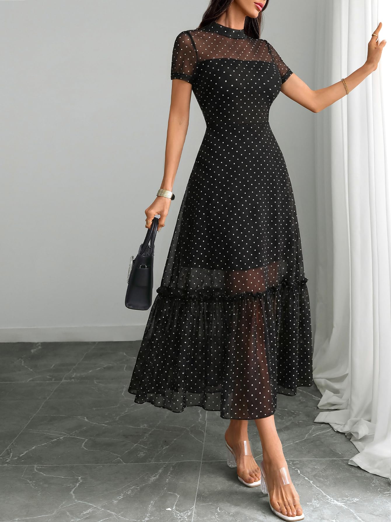 GothDark Women's Summer Floral Mesh Ruffle Dress Short Sleeve Round Neck Waist Cinched Casual Maxi Wedding Guest Dresses