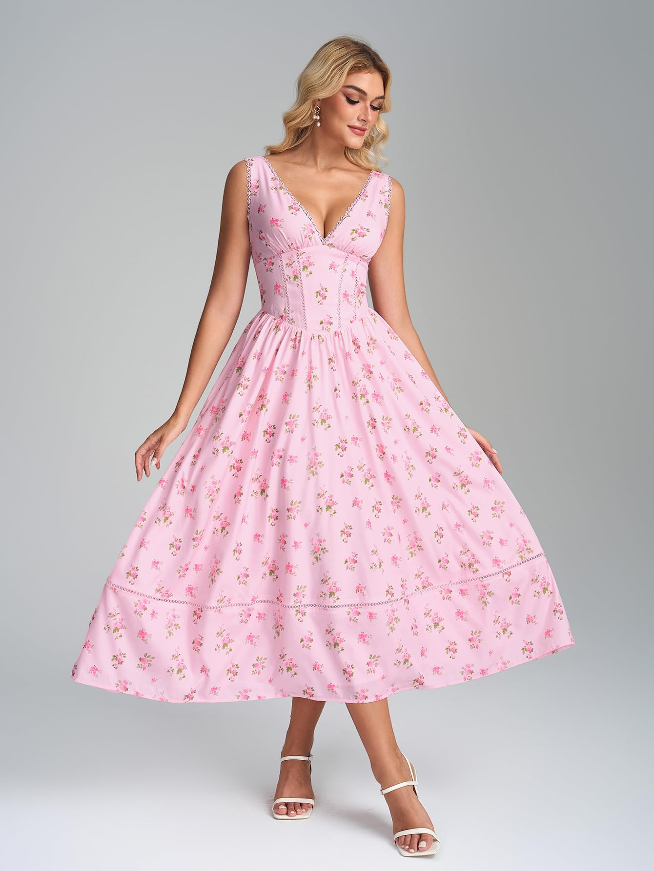 KUTUMAI Floral Corset Midi Dresses for Women 2026 Summer Spring V Neck Lace Up Flowy Wedding Guest Dress