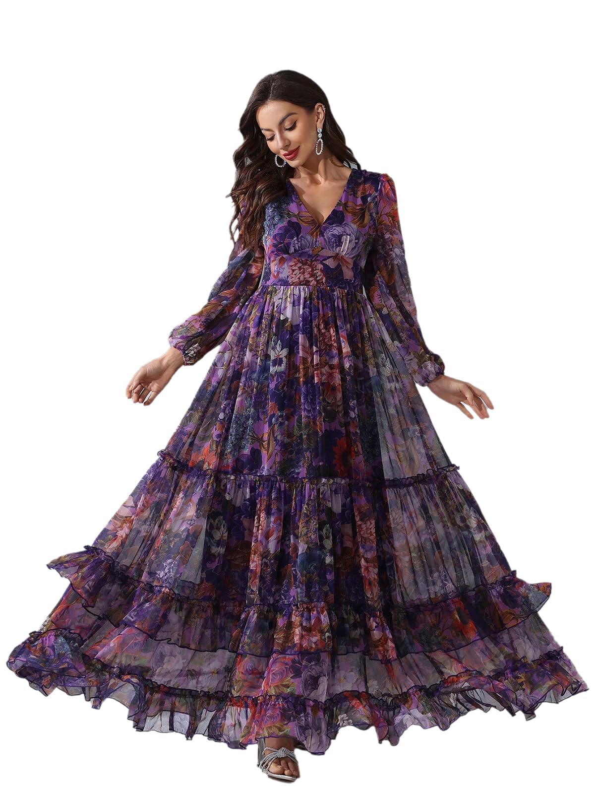 TOLEEN Summer Casual Dresses for Women 2024 Spring Fashion Boho V Neck Long Sleeve Ruffle Floral Print Elegant Maxi Dress