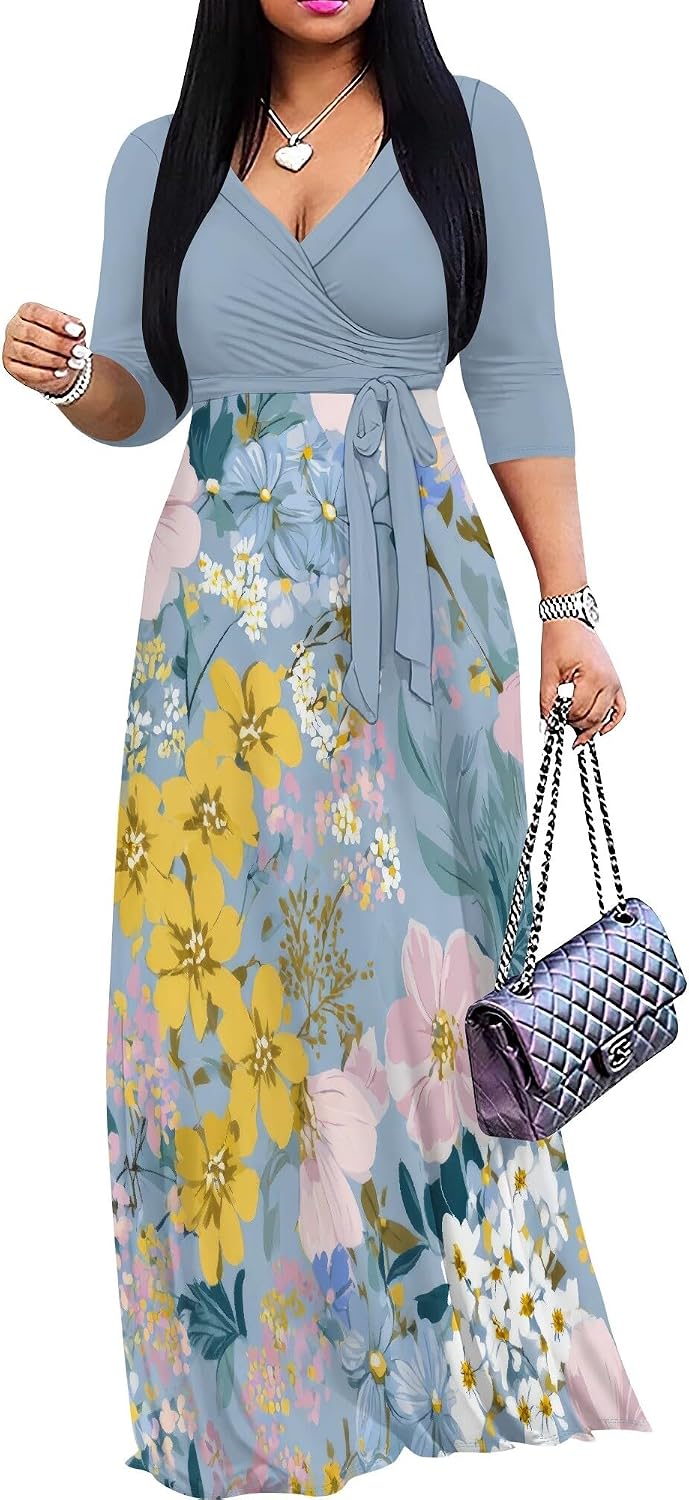 SUZONANA Plus Size Dresses for Women Floral Print Maxi Dress Flowy 3/4 Sleeve with Belt