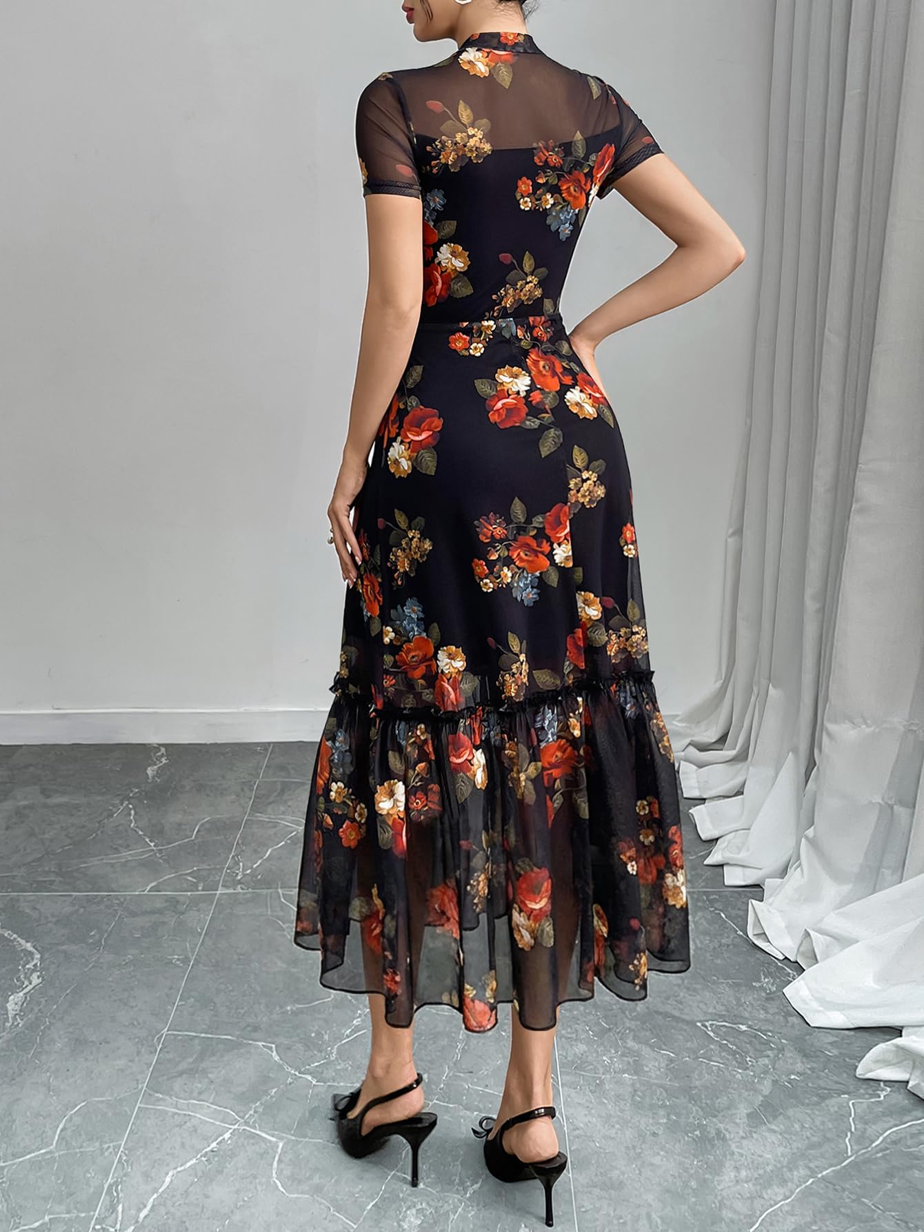 GothDark Women's Summer Floral Mesh Ruffle Dress Short Sleeve Round Neck Waist Cinched Casual Maxi Wedding Guest Dresses