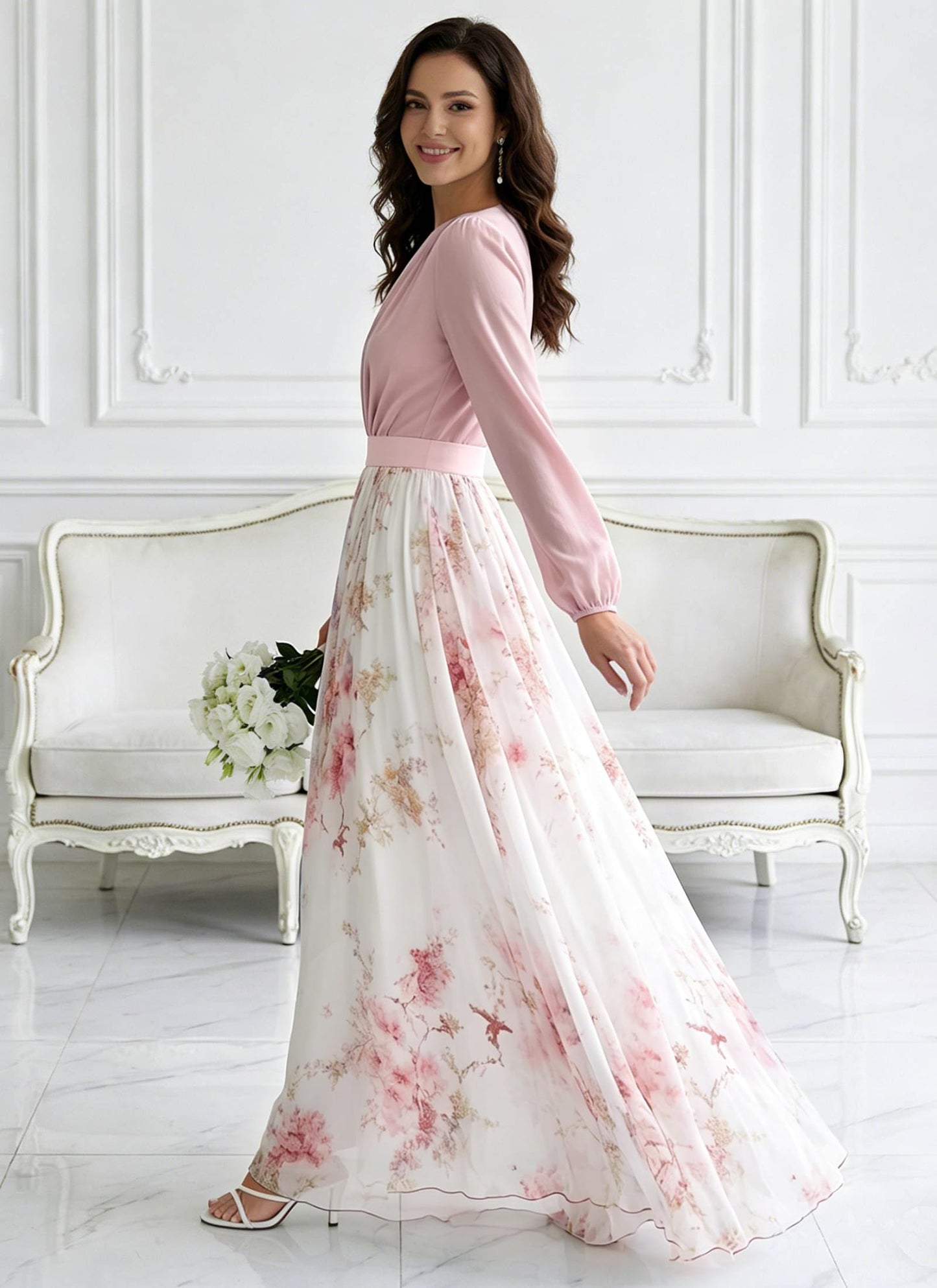 Women's Boho Floral Chiffon Maxi Dresses 2026 Summer Casual Long Sheer Sleeve Deep V Neck A-Line Beach Vacation Dress