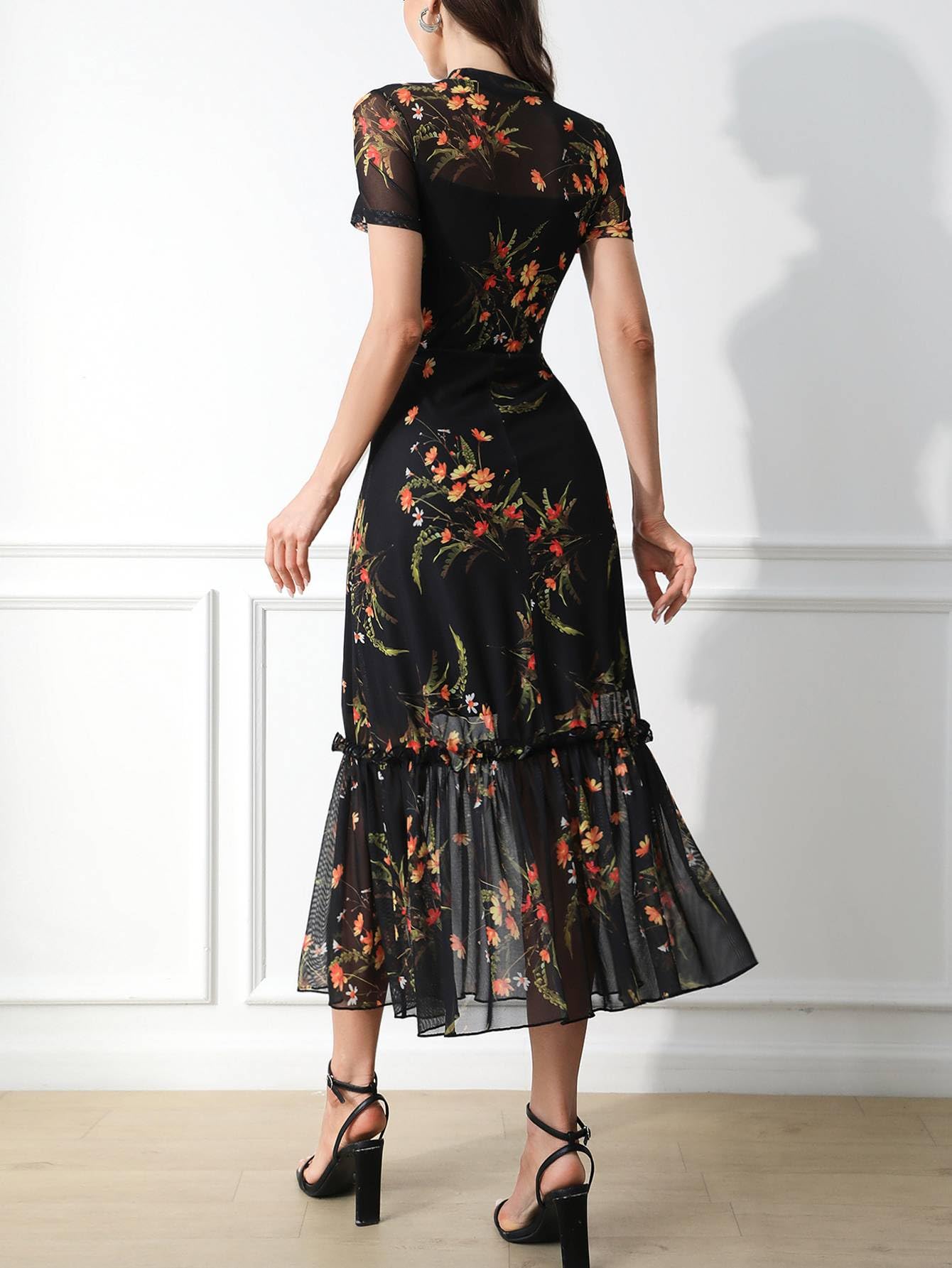 GothDark Women's Summer Floral Mesh Ruffle Dress Short Sleeve Round Neck Waist Cinched Casual Maxi Wedding Guest Dresses