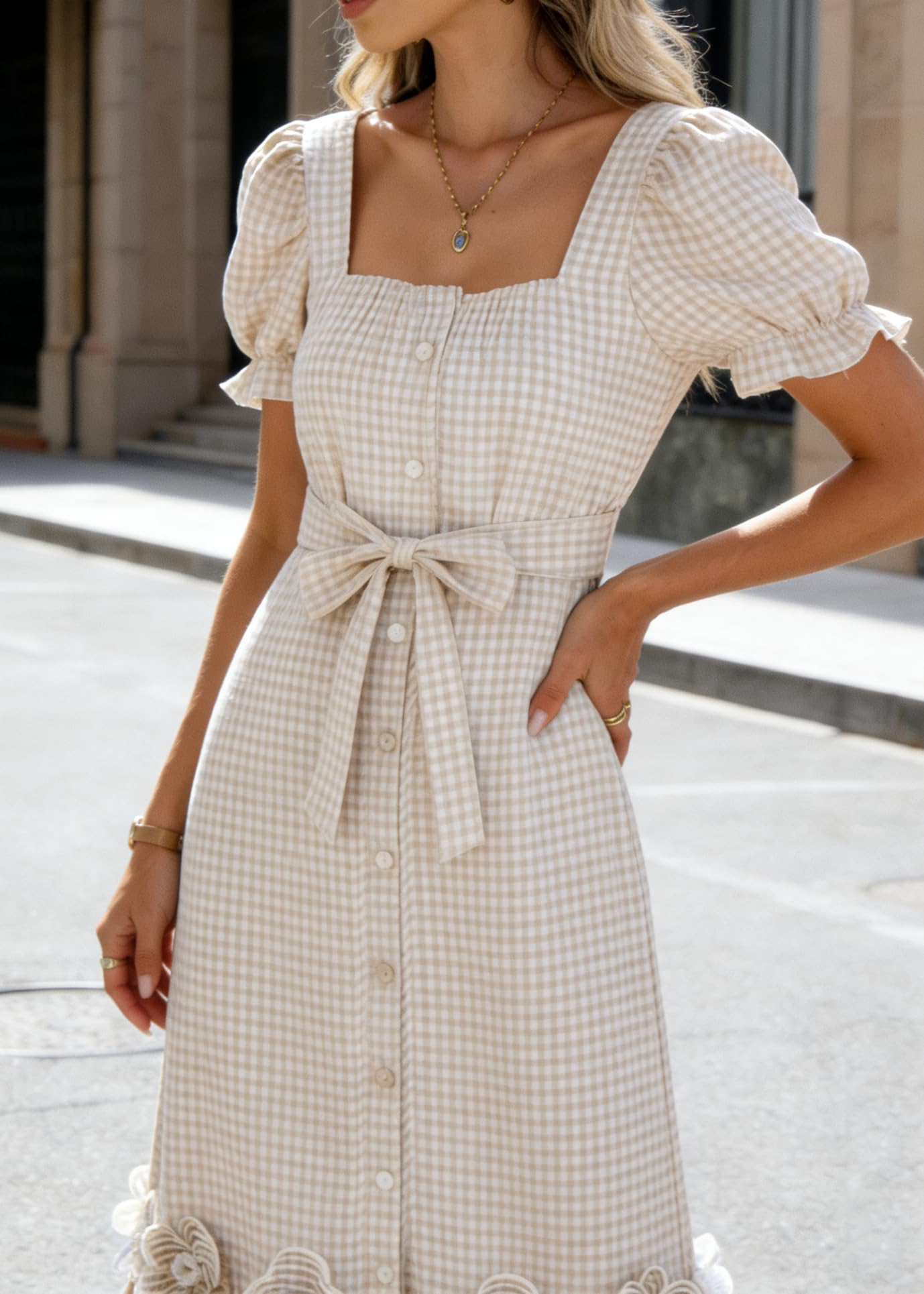 utcoco Dresses for Women Puff Short Sleeve Button Down 3D Flower Ruffle Plaid Maxi Shirt Dress