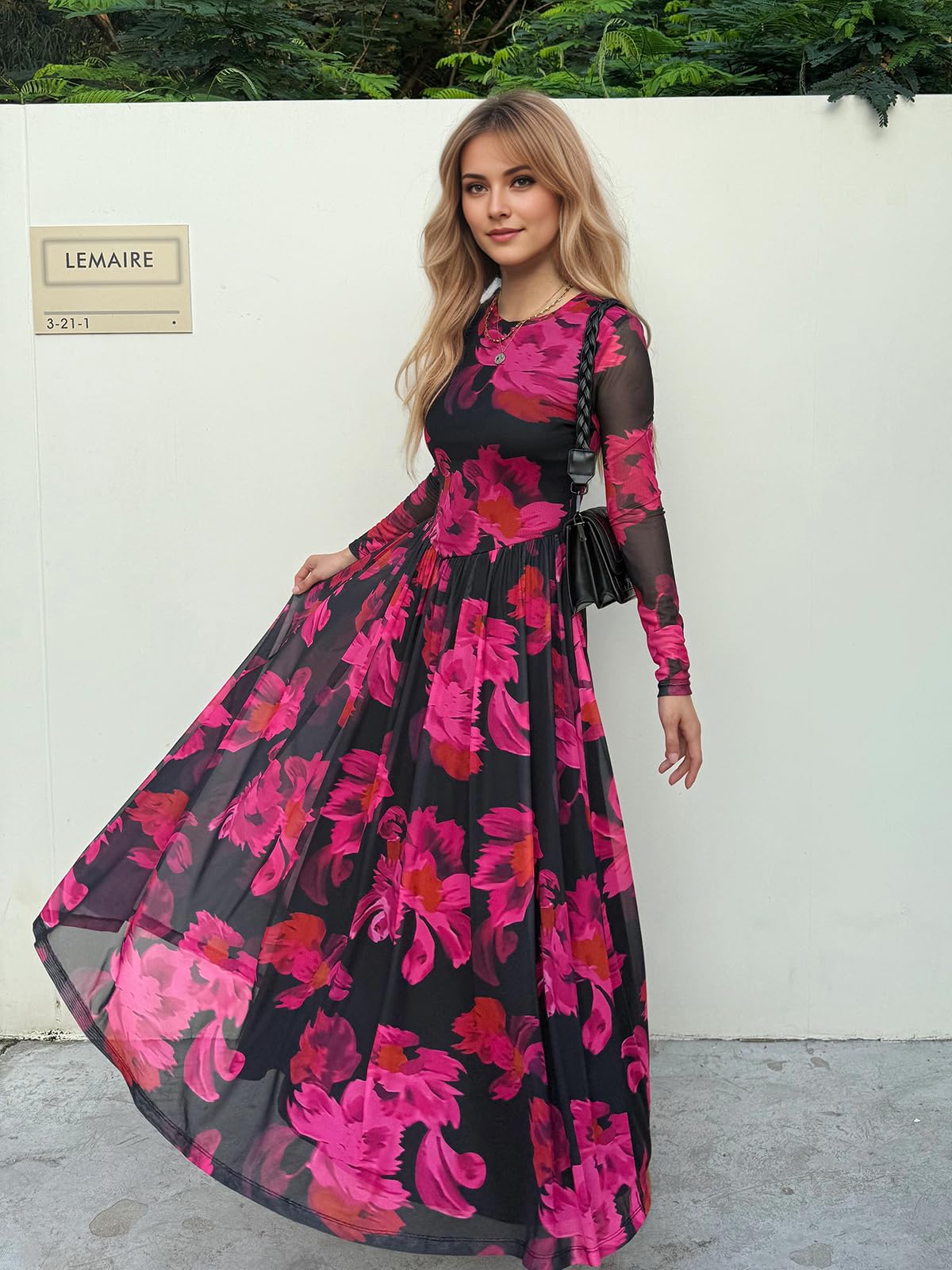 Women's Maxi Dress 2026 Spring Long Sleeve Crewneck Mesh Floral Dress Drop Waist Party Wedding Guest Dresses