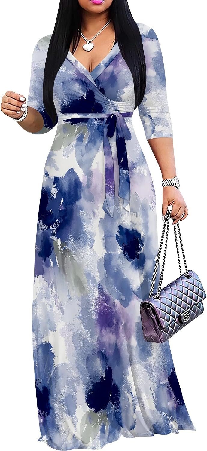 SUZONANA Plus Size Dresses for Women Floral Print Maxi Dress Flowy 3/4 Sleeve with Belt
