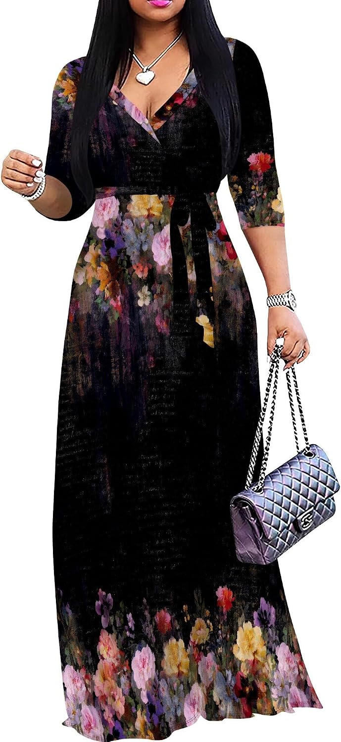 SUZONANA Plus Size Dresses for Women Floral Print Maxi Dress Flowy 3/4 Sleeve with Belt