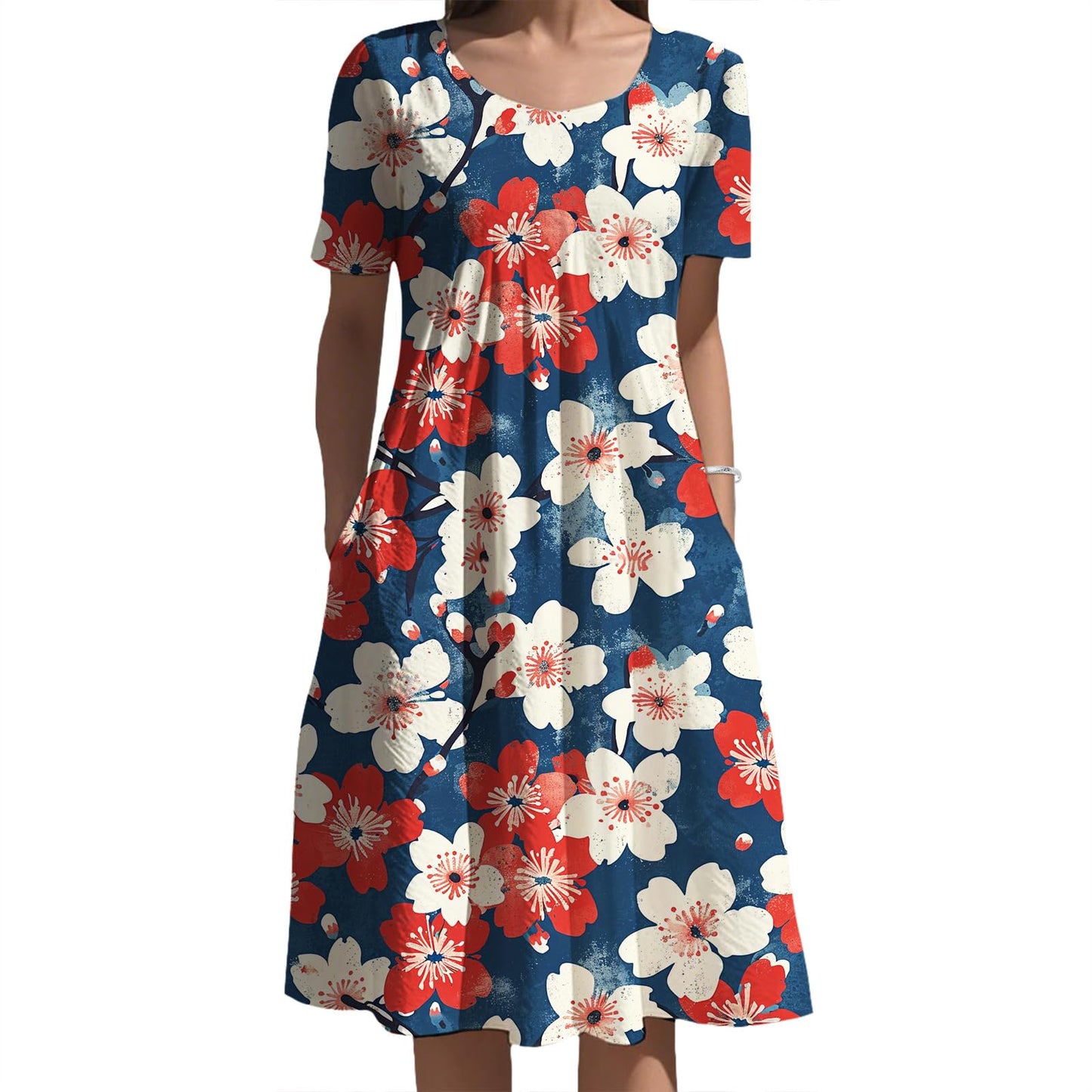 Oriental Ink Floral Midi Dress Gradient Tone for Women Elegant Daily Vacation Outfit with Side Pockets and Style