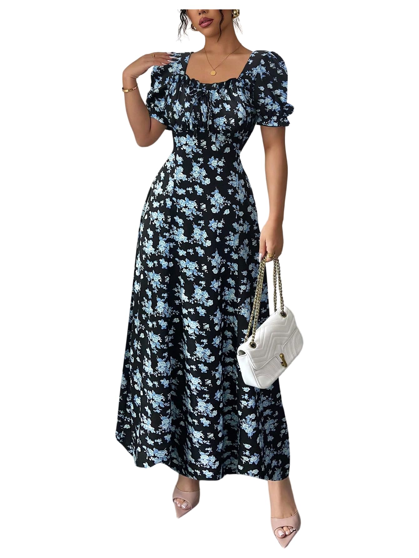 Floerns Women's Floral Short Puff Sleeve Milkmaid Dress Boho A Line Long Dresses