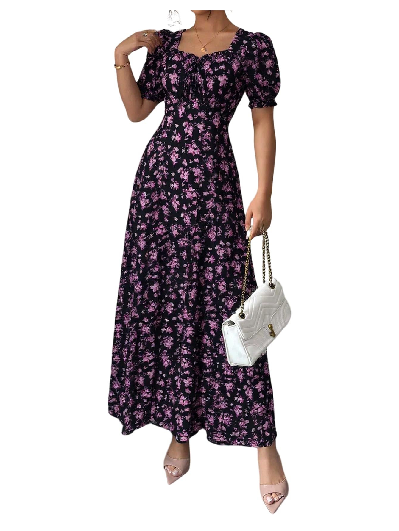 Floerns Women's Floral Short Puff Sleeve Milkmaid Dress Boho A Line Long Dresses