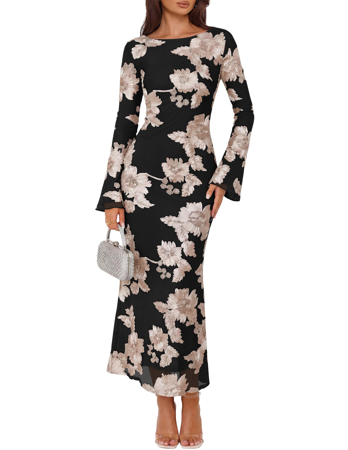 ZESICA Women Fall Long Sleeve Wedding Guest Cocktail Midi Dress