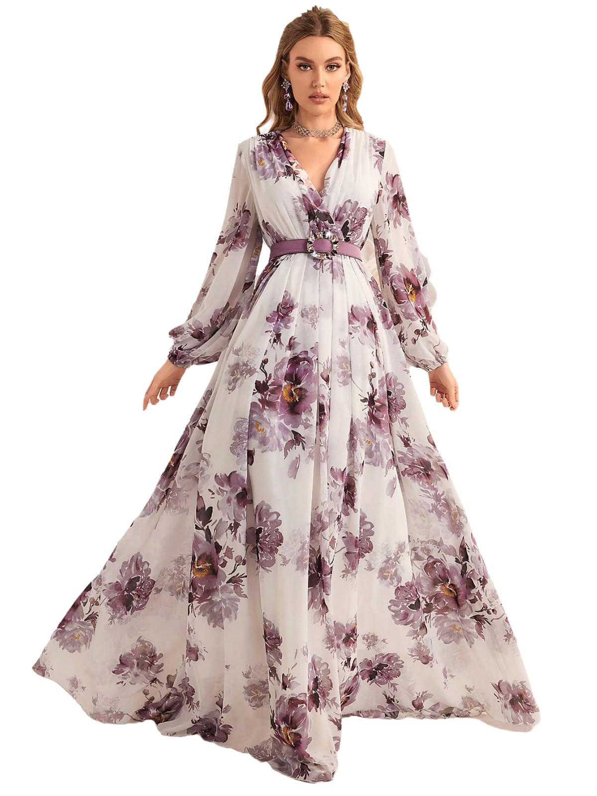 TOLEEN Summer Casual Dresses for Women 2024 Spring Fashion Boho V Neck Long Sleeve Ruffle Floral Print Elegant Maxi Dress