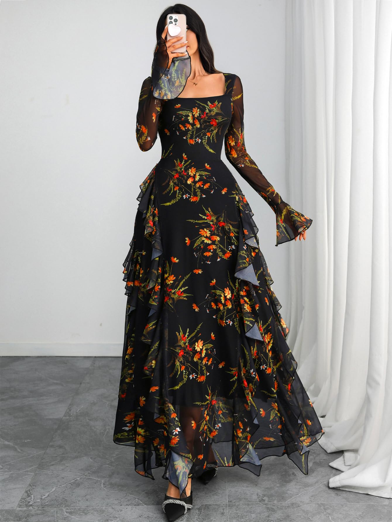 GothDark Women's Floral Dress Mesh Sheer Long Sleeve Square Neck Ruffle Layered Elegant Date Night Holiday Party Outfit