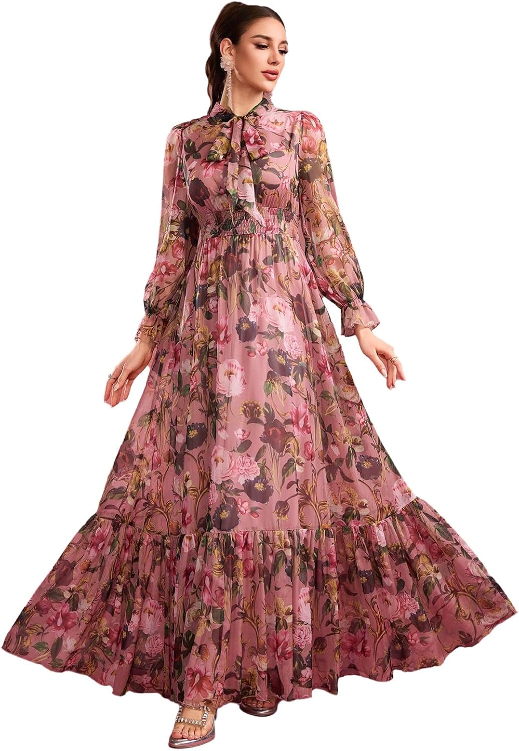 TOLEEN Summer Casual Dresses for Women 2024 Spring Fashion Boho V Neck Long Sleeve Ruffle Floral Print Elegant Maxi Dress