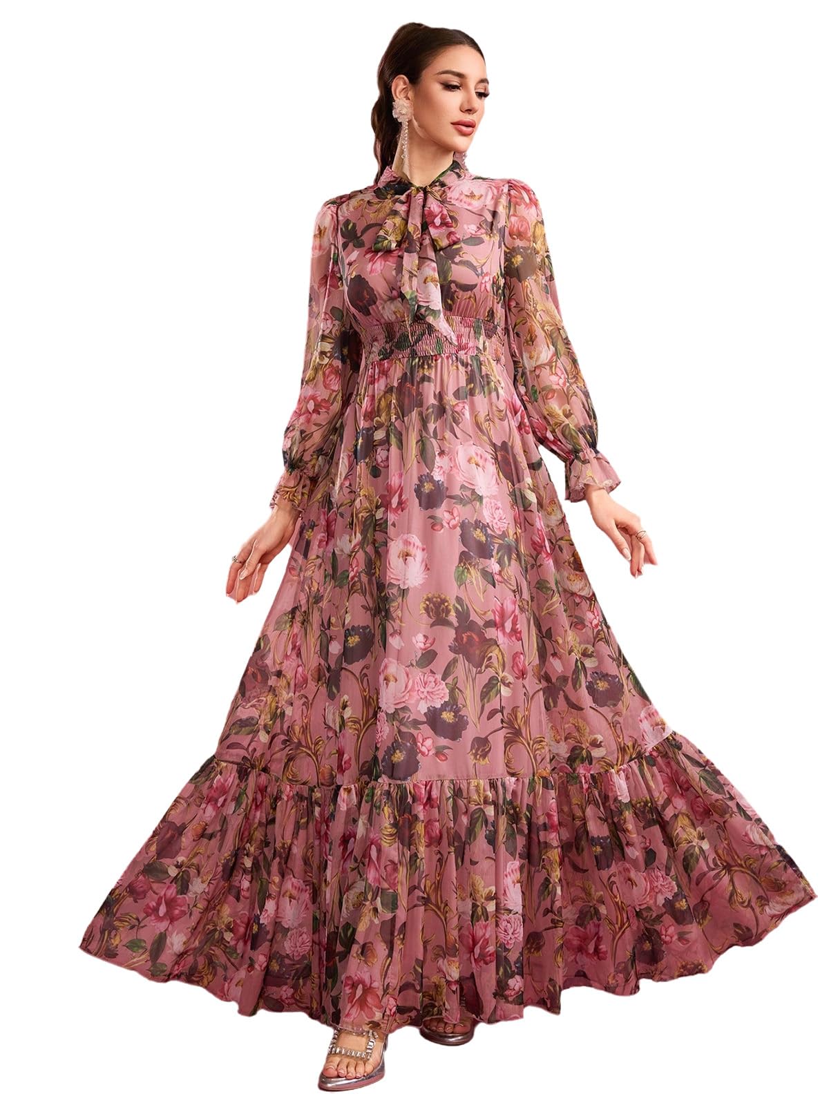 TOLEEN Summer Casual Dresses for Women 2024 Spring Fashion Boho V Neck Long Sleeve Ruffle Floral Print Elegant Maxi Dress