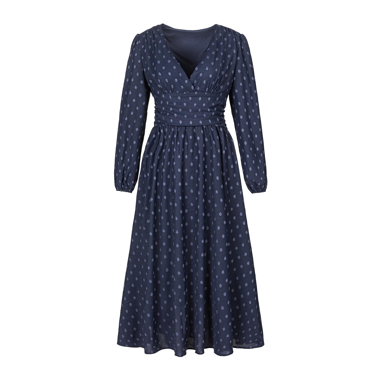 Women's Swiss Dot Long Sleeve V Neck Midi Dress, Faux Wrap A-Line Wedding Guest Dress, Fully Lined Smocked Back