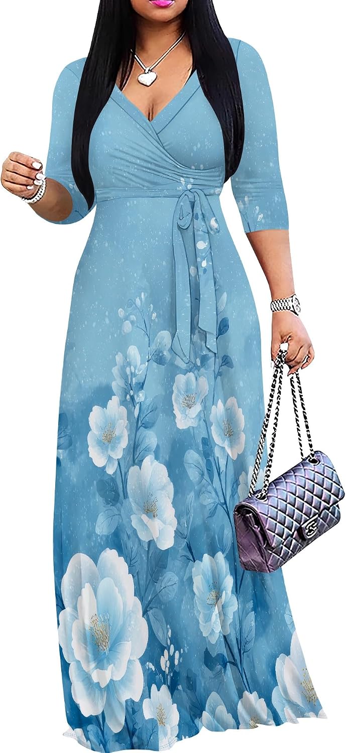 SUZONANA Plus Size Dresses for Women Floral Print Maxi Dress Flowy 3/4 Sleeve with Belt